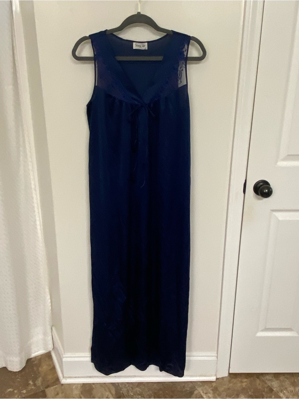 Vintage Vanity Fair Navy Blue Nightgown | Made in USA | 90s Lace Trim Maxi Sleep